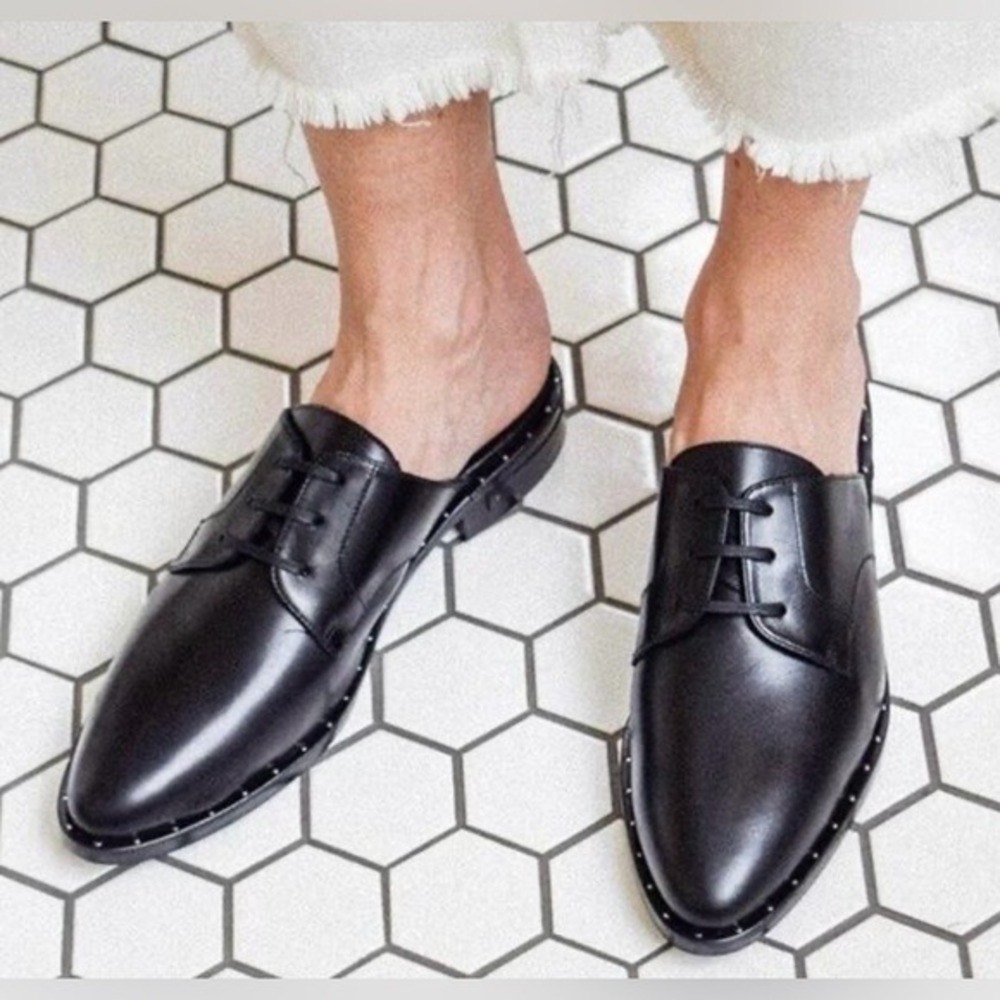 STEVE MADDEN Leather Oxford Mule Black Pointed Toeโ Lace Up Loafer Flat 9.5
